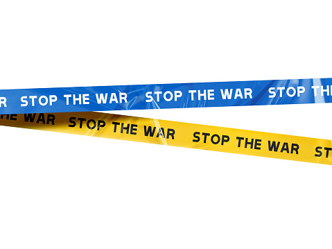 blue and yellow fencing tape stop war on white background for design and decoration