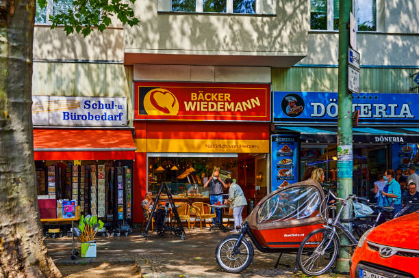 Berlin, Germany - May 11, 2022: Typical street scene on a sidewalk in Berlin.