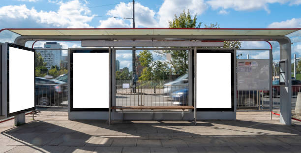 istock Blank white advertising posters in the bus stop in downtown 1397038852