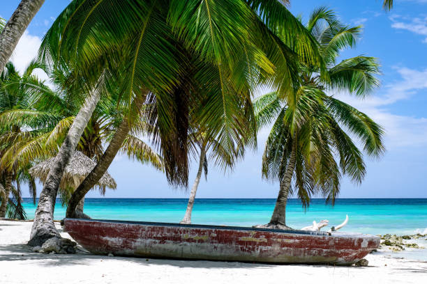 istock Beach with palm trees and boat 1397041444