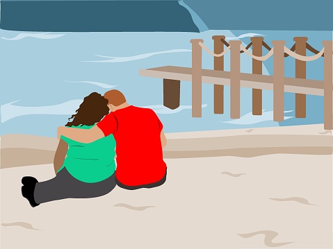 Flat design illustration, rear view of a loving couple sitting at the beach and enjoying a romantic afternoon