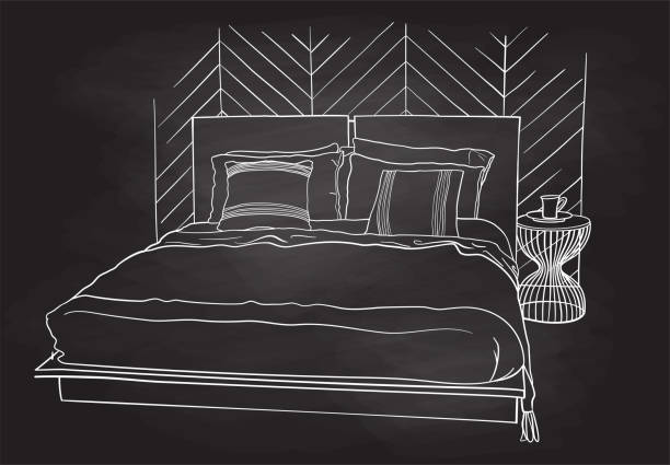 illustrazioni stock, clip art, cartoni animati e icone di tendenza di camera da letto in stile lavagna - mattress line art hotel sleeping