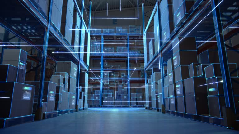 Futuristic Technology Retail Warehouse: Digitalization and Visualization of Industry 4.0 Process that Analyzes Goods, Cardboard Boxes, Products Delivery Infographics in Logistics, Distribution Center