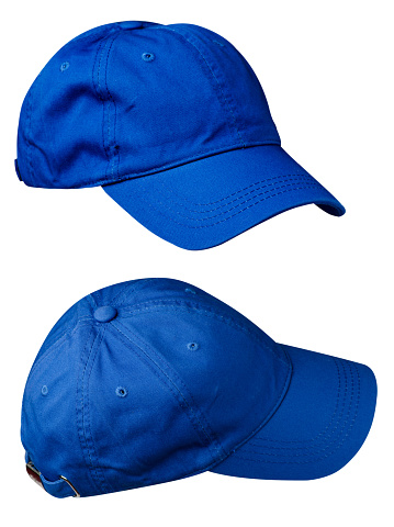 two hats isolated on white background. Hat with a visor.blue hat ,