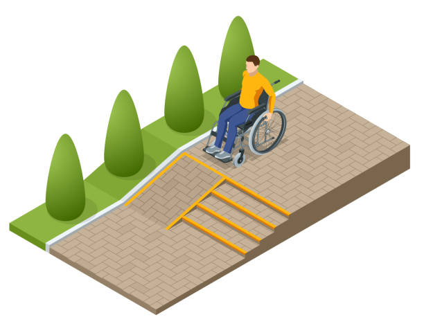 illustrazioni stock, clip art, cartoni animati e icone di tendenza di rampa isometrica per l'ingresso in carrozzina. rampa per sostenere disabili disabili su sedia a rotelle - disablement