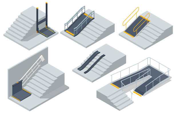 ilustrações, clipart, desenhos animados e ícones de rampa isométrica para entrada em cadeira de rodas. concret rampa com corrimão de aço. rampa para apoio a pessoas com deficiência em cadeira de rodas - disablement