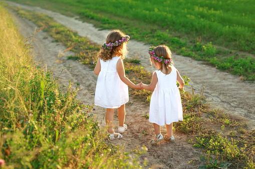 Two little sisters are walking along a country road holding hands. Girls in white dresses with wreaths of clover flowers on their heads. Evening walks at sunset. rear view
