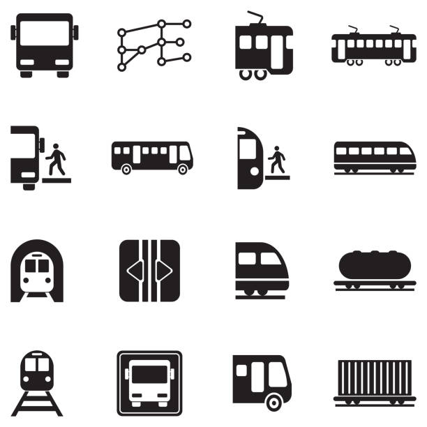 バスと電車のアイコン。ブラックフラットデザイン。ベクターイラストレーション。 - trolley bus点のイラスト素材／クリップアート素材／マンガ素材／アイコン素材