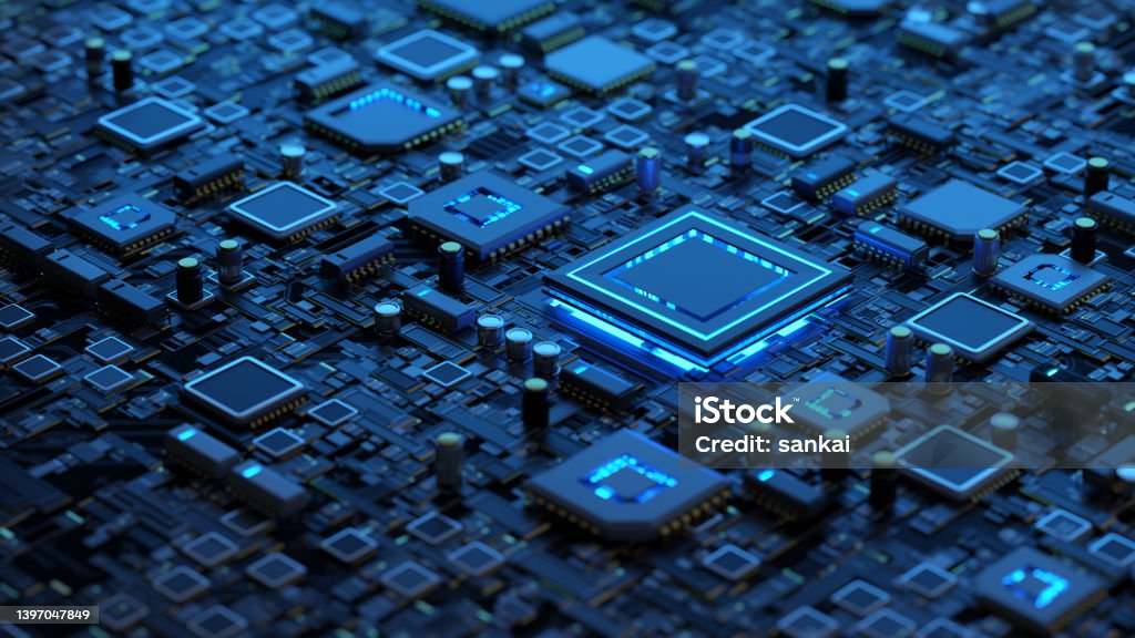 Abstract circuit board with a lot of micro chips Abstract technology background. Circuit board with a microchips and cyan led backlight. Technology Stock Photo