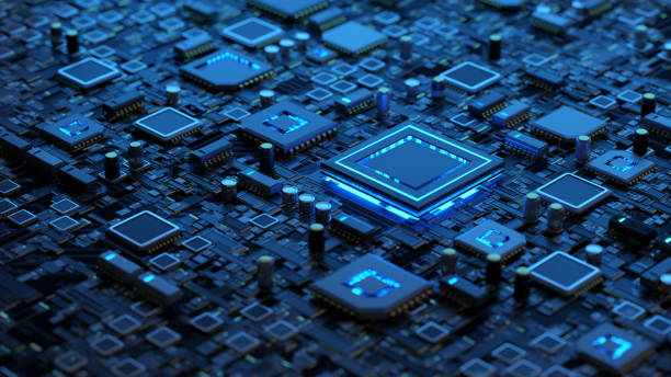 Abstract circuit board with a lot of micro chips Abstract technology background. Circuit board with a microchips and cyan led backlight. cpu stock pictures, royalty-free photos & images