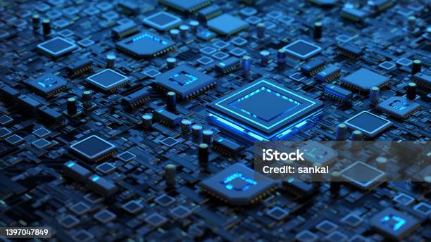 Abstract Circuit Board With A Lot Of Micro Chips Stock Photo - Download Image Now - Technology, Computer Chip, Circuit Board