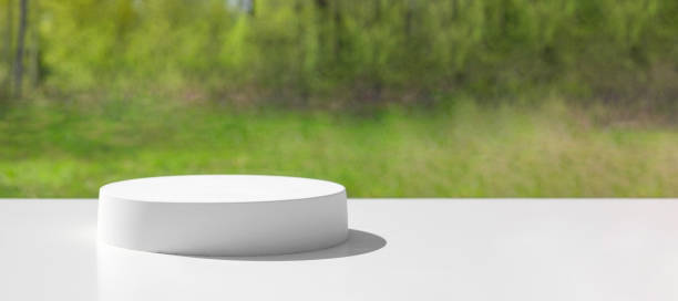 istock Podium for presentation. Blurred green grass background. Abstract geometrical form. Cylinder stone sphere. Shadow. Scene to show products. Showcase, display case. Trendy sunlight. Front view. 3D 1397047874