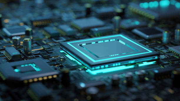Main microchip on the motherboard Close up of motherboard with selective focus on the main processor / micro chip with cyan backlit cpu stock pictures, royalty-free photos & images