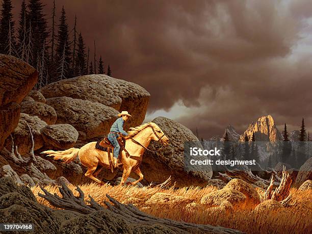 Cowboy In Storm Stock Photo - Download Image Now - Cowboy, Horse, Wild West