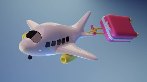 istock 3d flying airplane and cartoon pink suitcase 1397050488