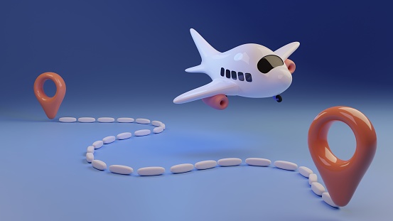 3d illustration of cartoon white airplane, two location icons and moving orbit. against gradient background. Minimal concept. 3d illustration highly usable. Summer design. 3d airplane. Flying.