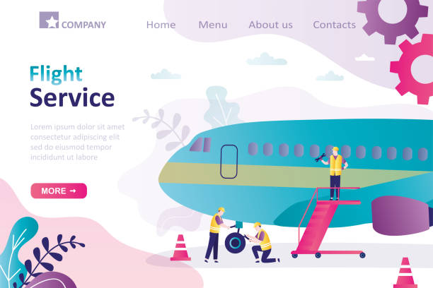 Mechanics make complete check of airplane. Repairmen with tools fixing aircraft landing gear Mechanics make complete check of airplane. Repairmen with tools fixing aircraft landing gear. Homepage template. Flight service concept. Professional workers maintain plane. Flat vector illustration airplane mechanic stock illustrations