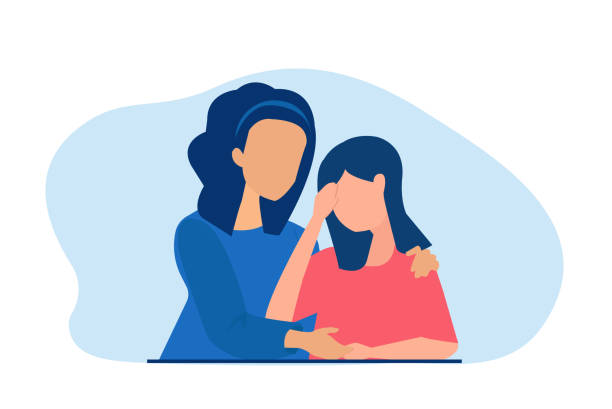 Vector of a mother supports her crying daughter. vector art illustration
