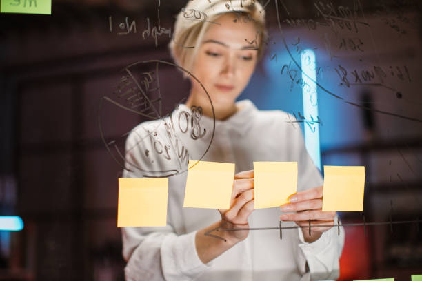 istock Woman, using post it notes on glass board to share ideas or making business plan 1397050910