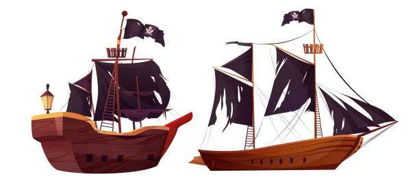 illustrations, cliparts, dessins animés et icônes de illustration vectorielle de dessin animé de bateau pirate sur fond blanc - naufrage de bateau