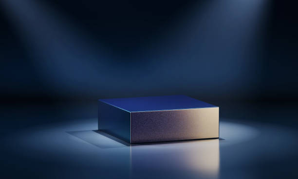 istock Metallic square podium lit by spotlights. 3d computer graphic template of displaying place for your products. 1397052060