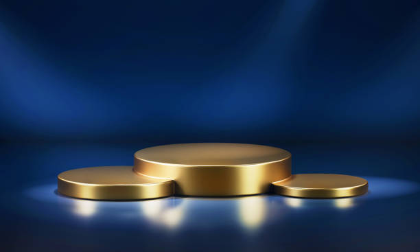 istock Golden colour winners podium against blue background. 3d computer graphic template of displaying place for your products. 1397054070