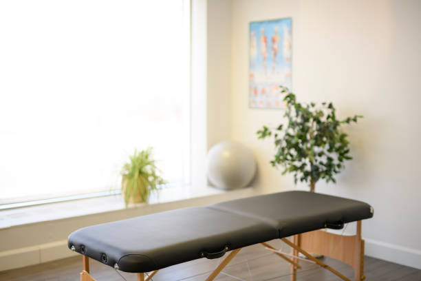 Complete physiotherapy room. aesthetic clinic stock photo