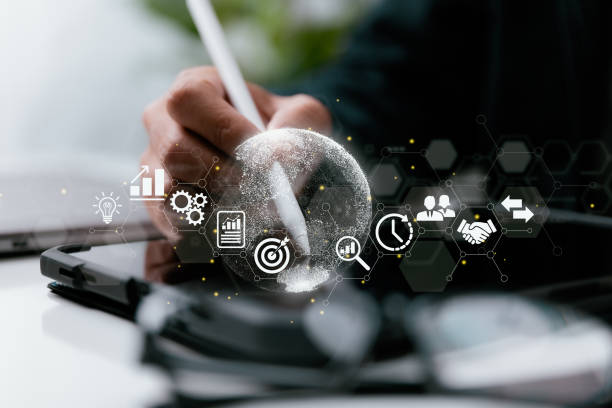 istock A businessman uses his tablet. Examples of business worldwide internet connection application technology and digital marketing include finance and banking, digital link technology, and big data. 1397055229
