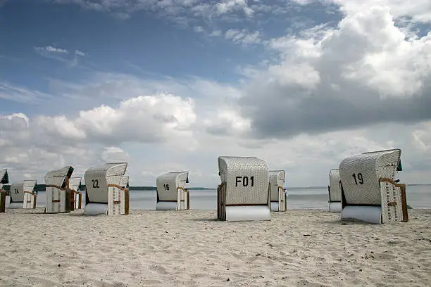 beach chairs at lake mueritz in mecklenburg, north east germany