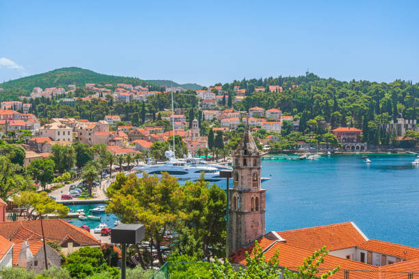 Cavtat town with yachts and boats on Adriatic sea near Dubrovnik, Dalmatia, Croatia. Summer vacation resort Cavtat town with yachts and boats on Adriatic sea near Dubrovnik, Dalmatia, Croatia. Summer vacation resort. Popular touristic destination cavtat photos stock pictures, royalty-free photos & images