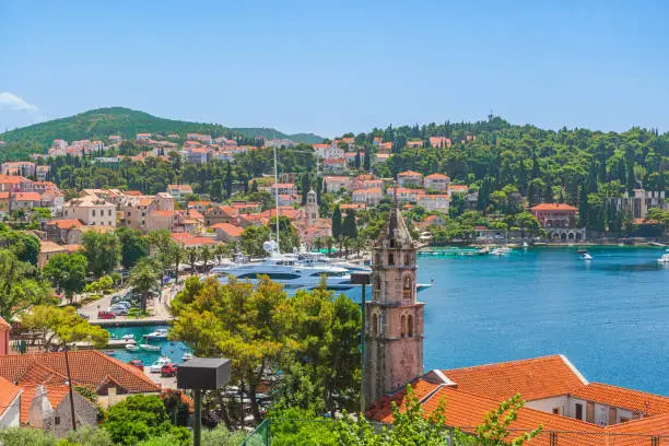 Cavtat town with yachts and boats on Adriatic sea near Dubrovnik, Dalmatia, Croatia. Summer vacation resort. Popular touristic destination
