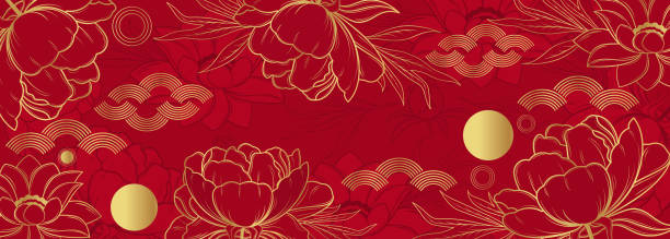 illustrazioni stock, clip art, cartoni animati e icone di tendenza di banner vettoriale con fiori su sfondo rosso. sfondo cinese - floral pattern silhouette fabolous plant