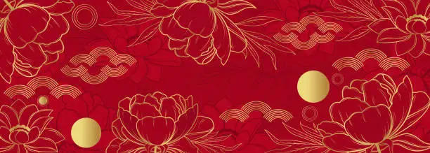 Vector illustration of Vector banner with flowers on a red background. Chinese background