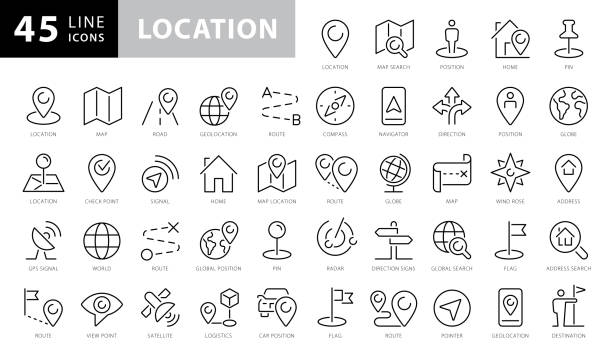 Location line icon set. Compass, map, geography, earth, travel, distance, globe, direction minimal vector illustration. Simple outline sign navigation Location line icon set. Compass, map, geography, earth, travel, distance, globe, direction minimal vector illustration. Simple outline sign navigation famous place stock illustrations