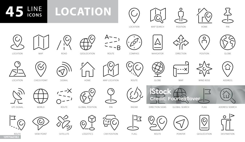 Location line icon set. Compass, map, geography, earth, travel, distance, globe, direction minimal vector illustration. Simple outline sign navigation - 免版稅圖示圖庫向量圖形