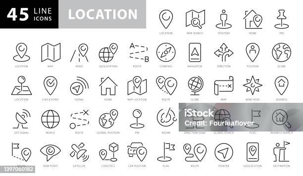 Location Line Icon Set Compass Map Geography Earth Travel Distance Globe Direction Minimal Vector Illustration Simple Outline Sign Navigation向量圖形及更多圖示圖片