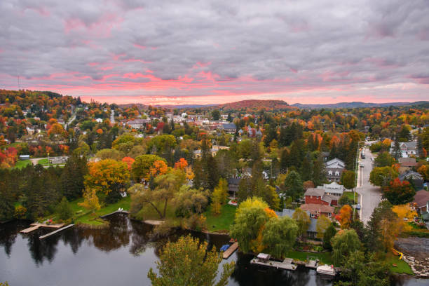 istock Dramatic sky over a town surrounded by forest at dusk 1397060222