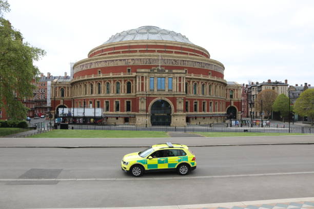 Royal Albert Hall, London during Covid-19 Lockdown, empty street Royal Albert Hall, London during Covid-19 Lockdown royal albert hall stock pictures, royalty-free photos & images