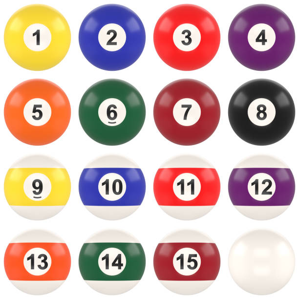 Pool balls with numbers collection isolated on white background. Realistic glossy snooker ball. Billiard ball set. Solids and stripes. Recreational sport. 3D rendering 3D illustration