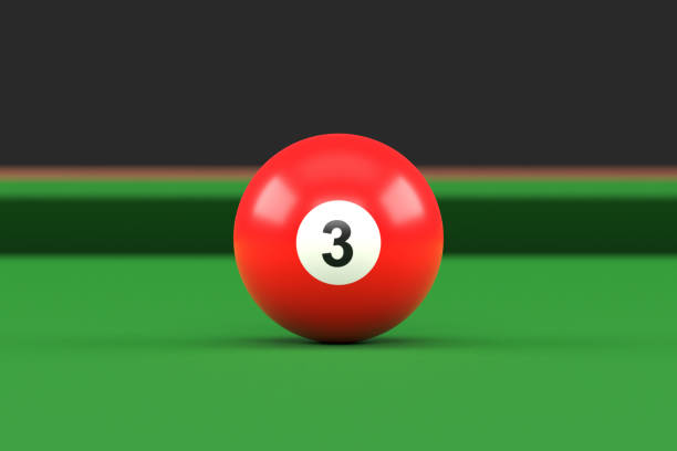 Billiard ball number three red color on billiard table. Realistic glossy snooker ball. 3D rendering 3D illustration
