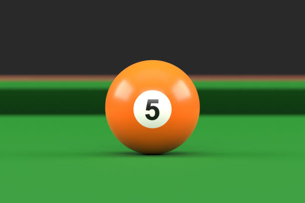 Billiard ball number five orange color on billiard table. Realistic glossy snooker ball. 3D rendering 3D illustration
