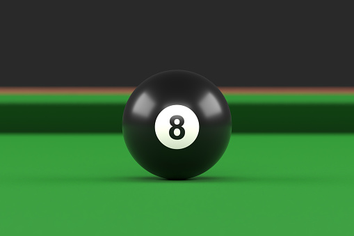 Billiard ball number eight black color on billiard table. Realistic glossy snooker ball. 3D rendering 3D illustration