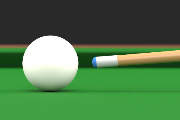 Close-up of billiard ball in white color on billiard table Close-up of billiard ball in white color on billiard table, snooker aim the cue ball. Realistic glossy billiard ball. 3d rendering 3d illustration pool cue stock pictures, royalty-free photos & images