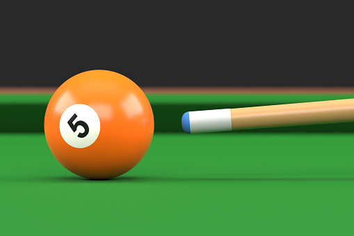 Close-up of billiard ball number five orange color on billiard table, snooker aim the cue ball. Realistic glossy billiard ball. 3d rendering 3d illustration