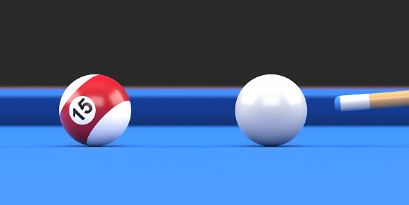 Close-up of billiard ball number fifteen in brown and white color on billiard table, snooker aim the cue ball. Realistic glossy billiard ball. 3d rendering 3d illustration