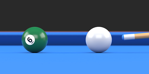 Close-up of billiard ball number six green color on billiard table, snooker aim the cue ball. Realistic glossy billiard ball. 3d rendering 3d illustration