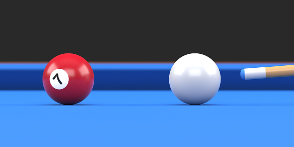 Close-up of billiard ball number seven brown color on billiard table, snooker aim the cue ball. Realistic glossy billiard ball. 3d rendering 3d illustration