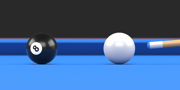 Close-up of billiard ball number eight black color on billiard table, snooker aim the cue ball. Realistic glossy billiard ball. 3d rendering 3d illustration