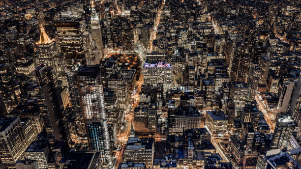 Aerial View of Manhattan at Night / NYC stock photo