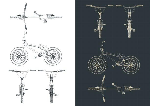 BMX bicycle blueprints Stylized vector illustration of blueprints of BMX bicycle bmx racing stock illustrations